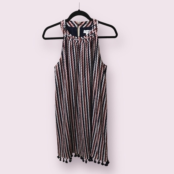 THML Womens Chevron Pattern Tassel Hem Sleeveless Scoop Neck Mini Dress Size M - Picture 1 of 16